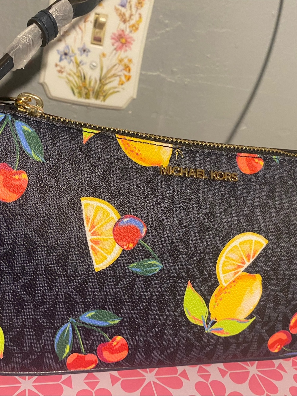 Michael Kors Navy Logo Canvas Citrus Lemon & Cherries purse with Gold Hardware